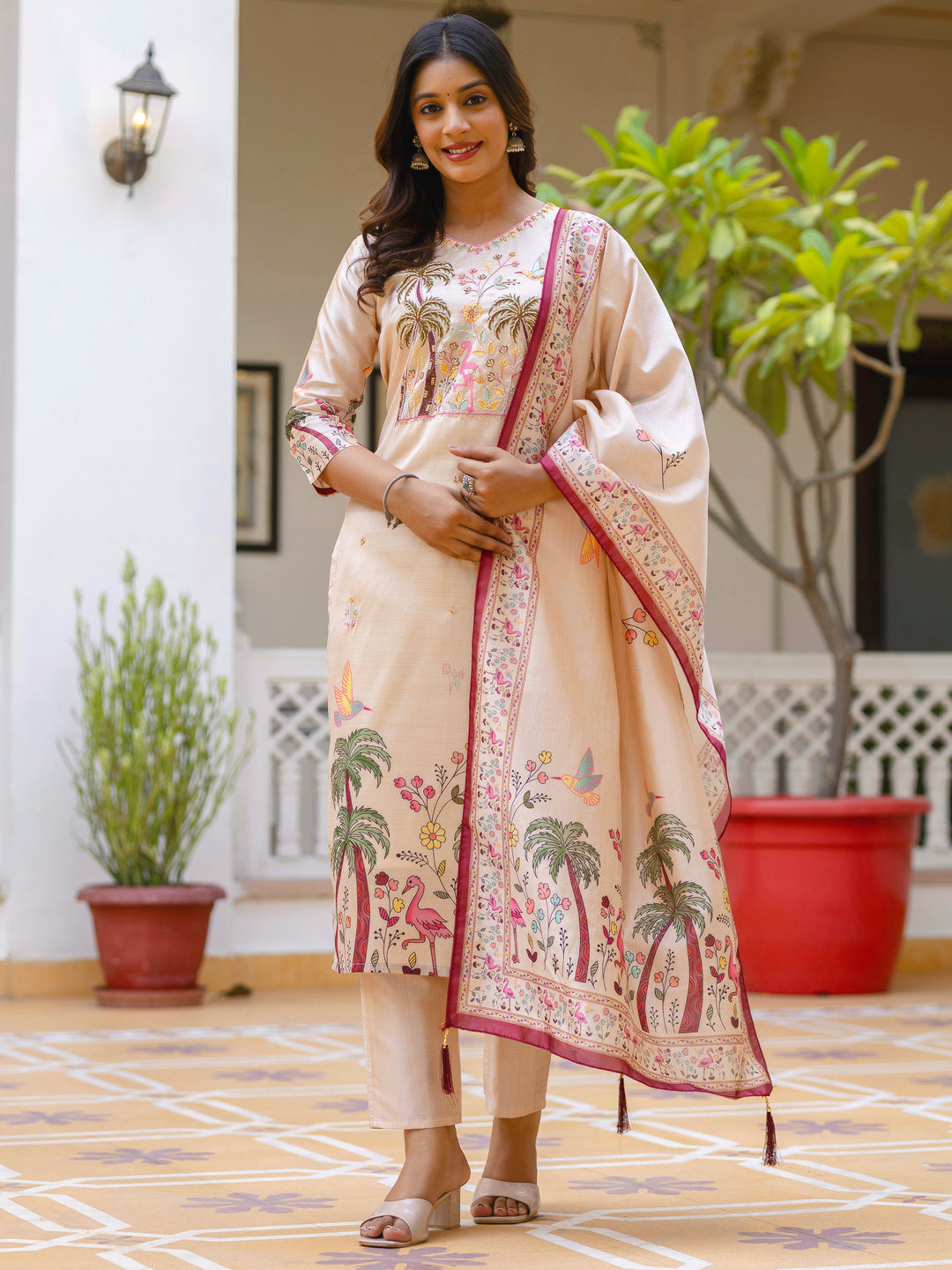 Shivani Floral Printed Handwork Silk Straight Kurta With Trousers & Dupatta Suits