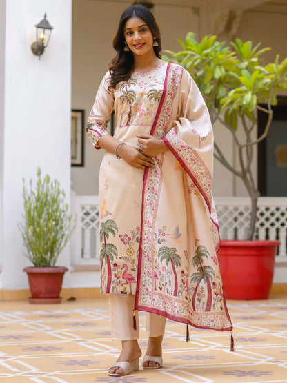 Shivani Floral Printed Handwork Silk Straight Kurta With Trousers & Dupatta Suits