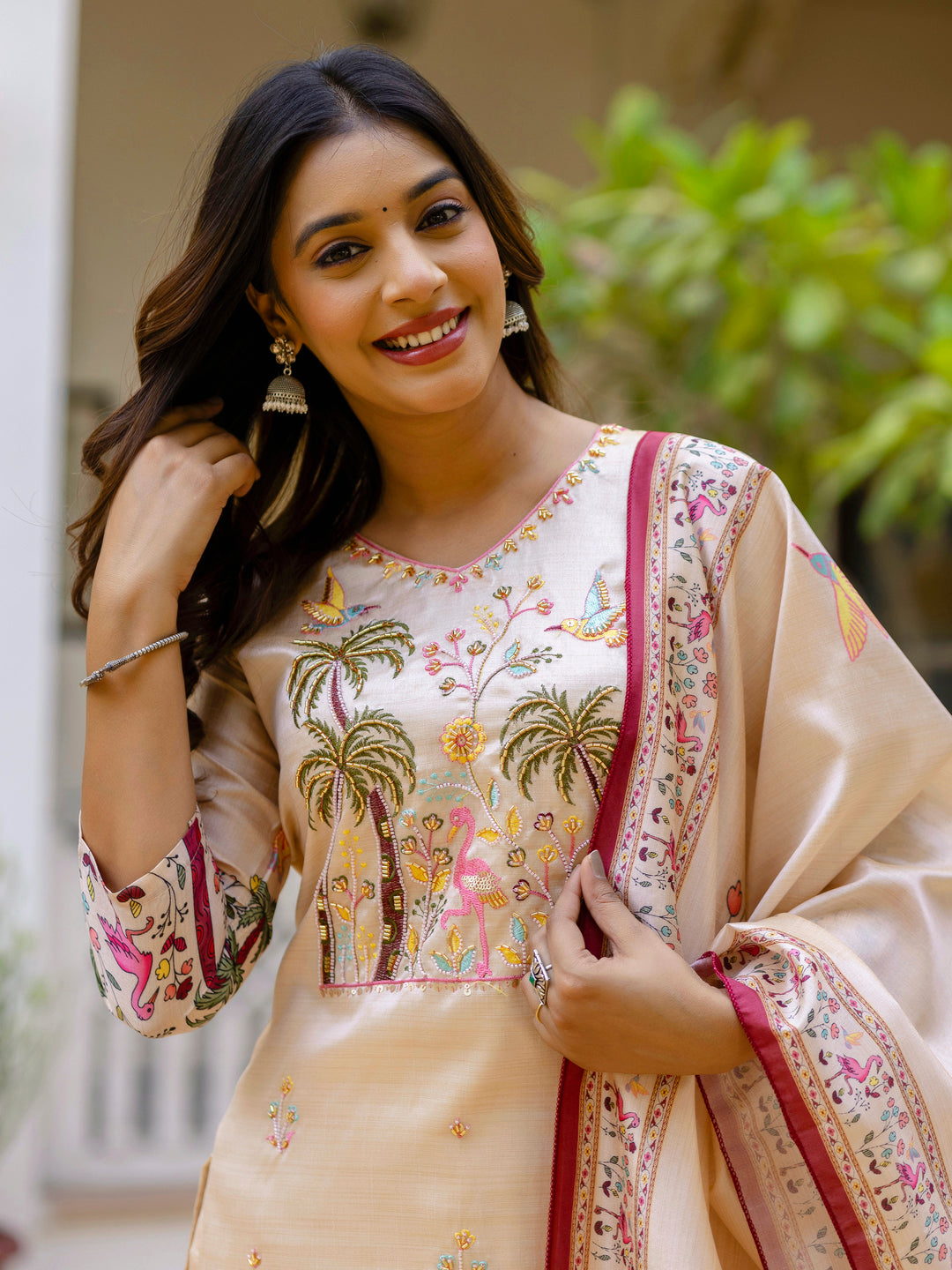 Shivani Floral Printed Handwork Silk Straight Kurta With Trousers & Dupatta Suits