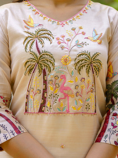 Shivani Floral Printed Handwork Silk Straight Kurta With Trousers & Dupatta Suits