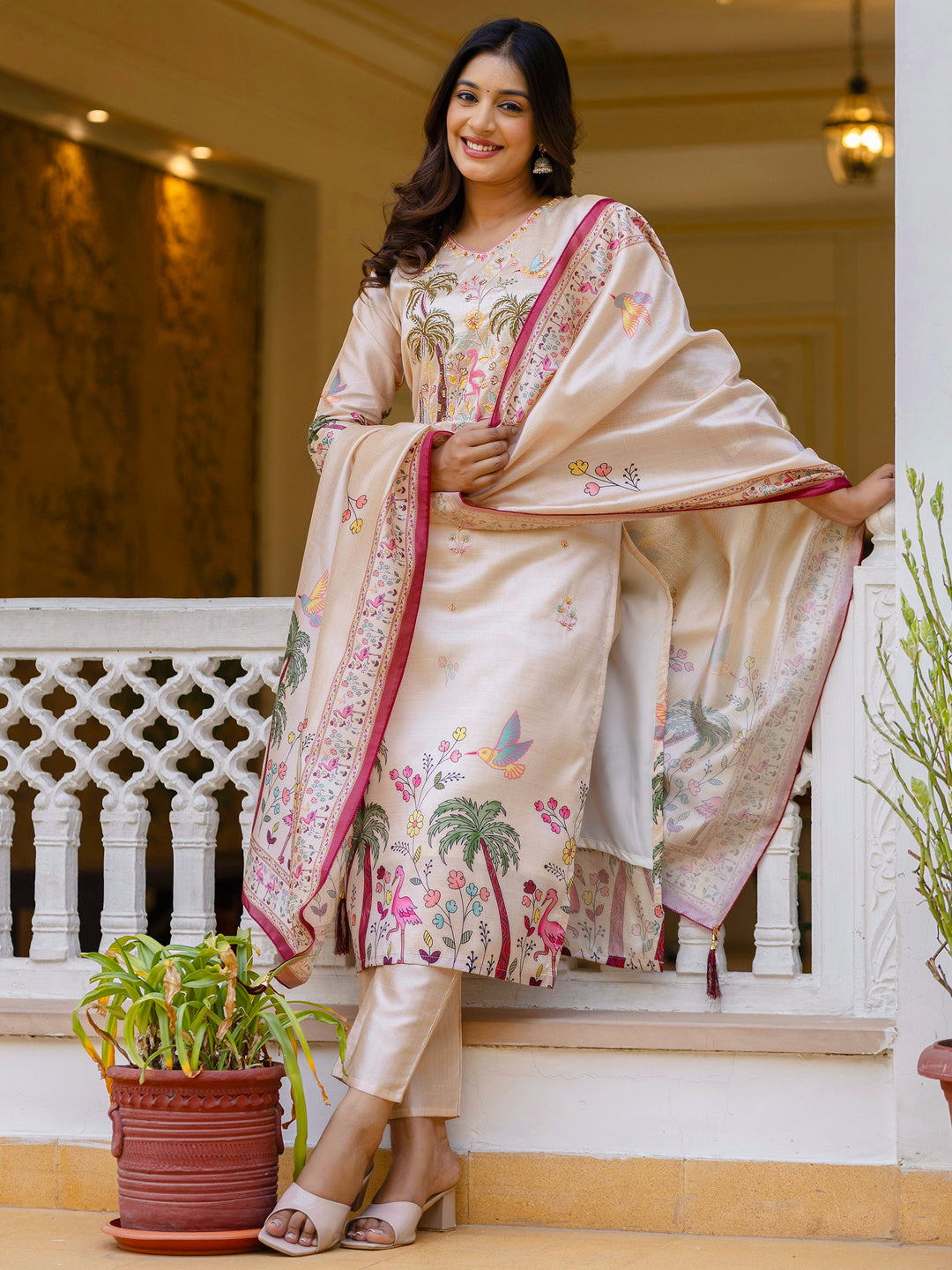 Shivani Floral Printed Handwork Silk Straight Kurta With Trousers & Dupatta Suits