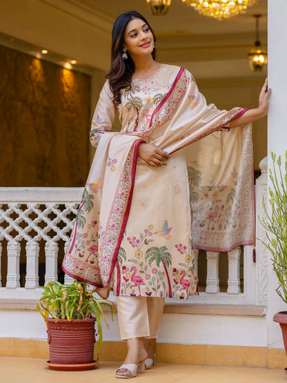 Shivani Floral Printed Handwork Silk Straight Kurta With Trousers & Dupatta Suits