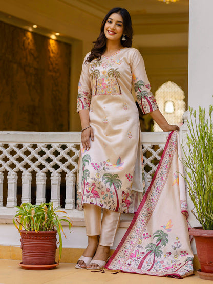 Shivani Floral Printed Handwork Silk Straight Kurta With Trousers & Dupatta Suits