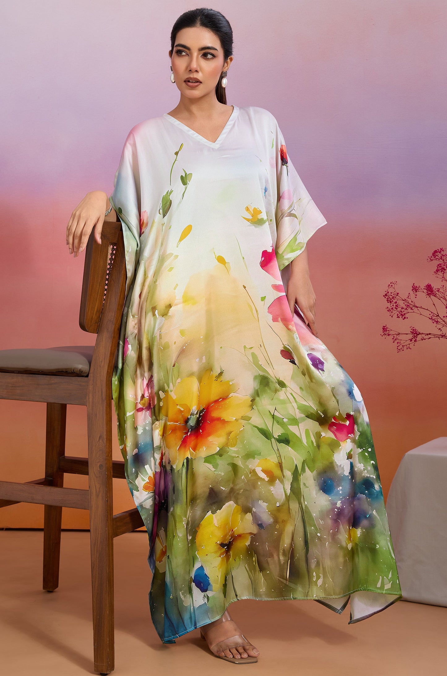 Bright Garland Soft Satin Women Kaftan Dress with Digital Print