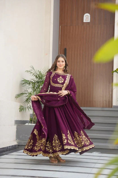 Designer Heavy Work Wine Color Gown
