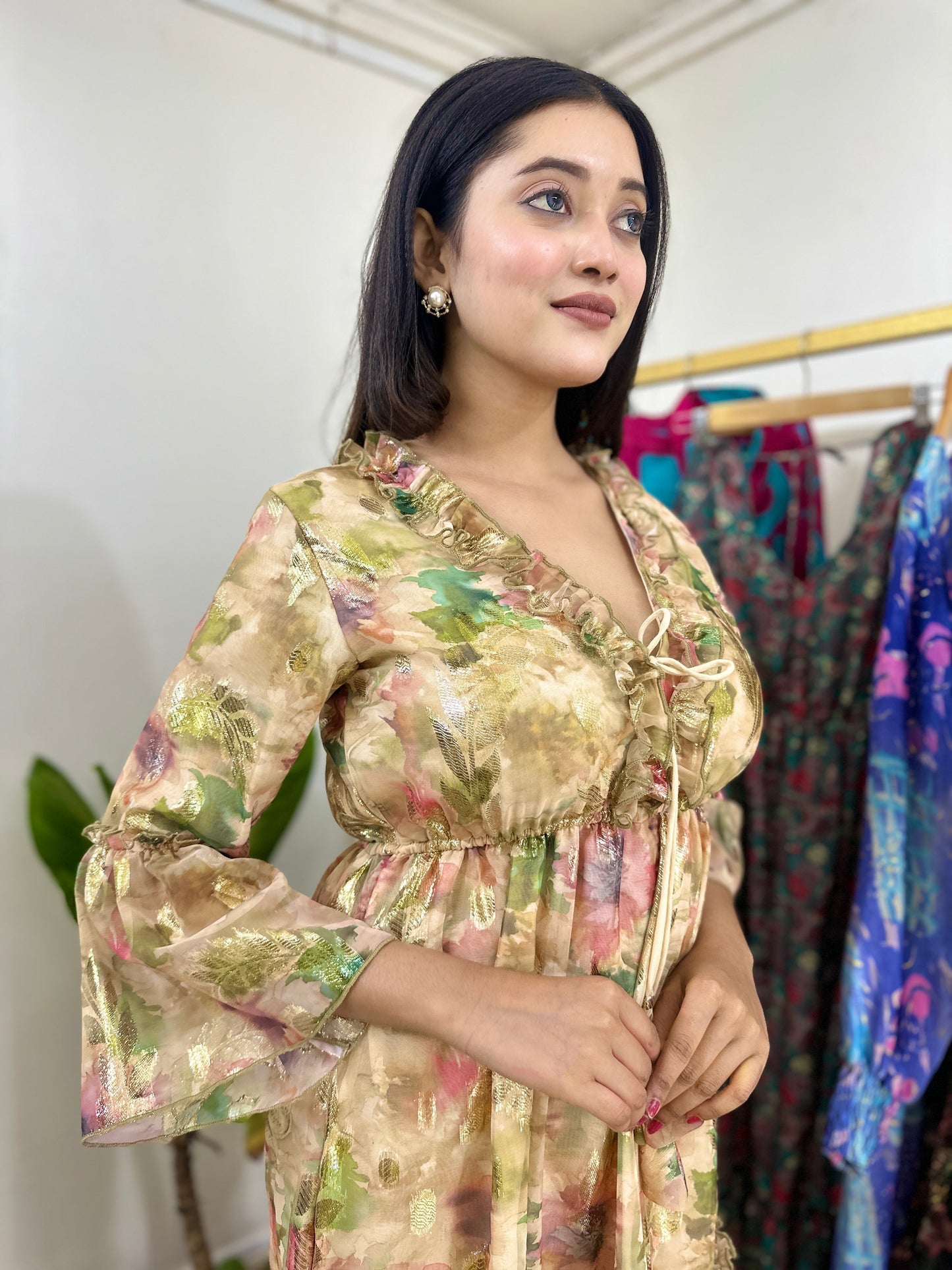 Beige Floral Printer Jacquard Fabric Short Dress