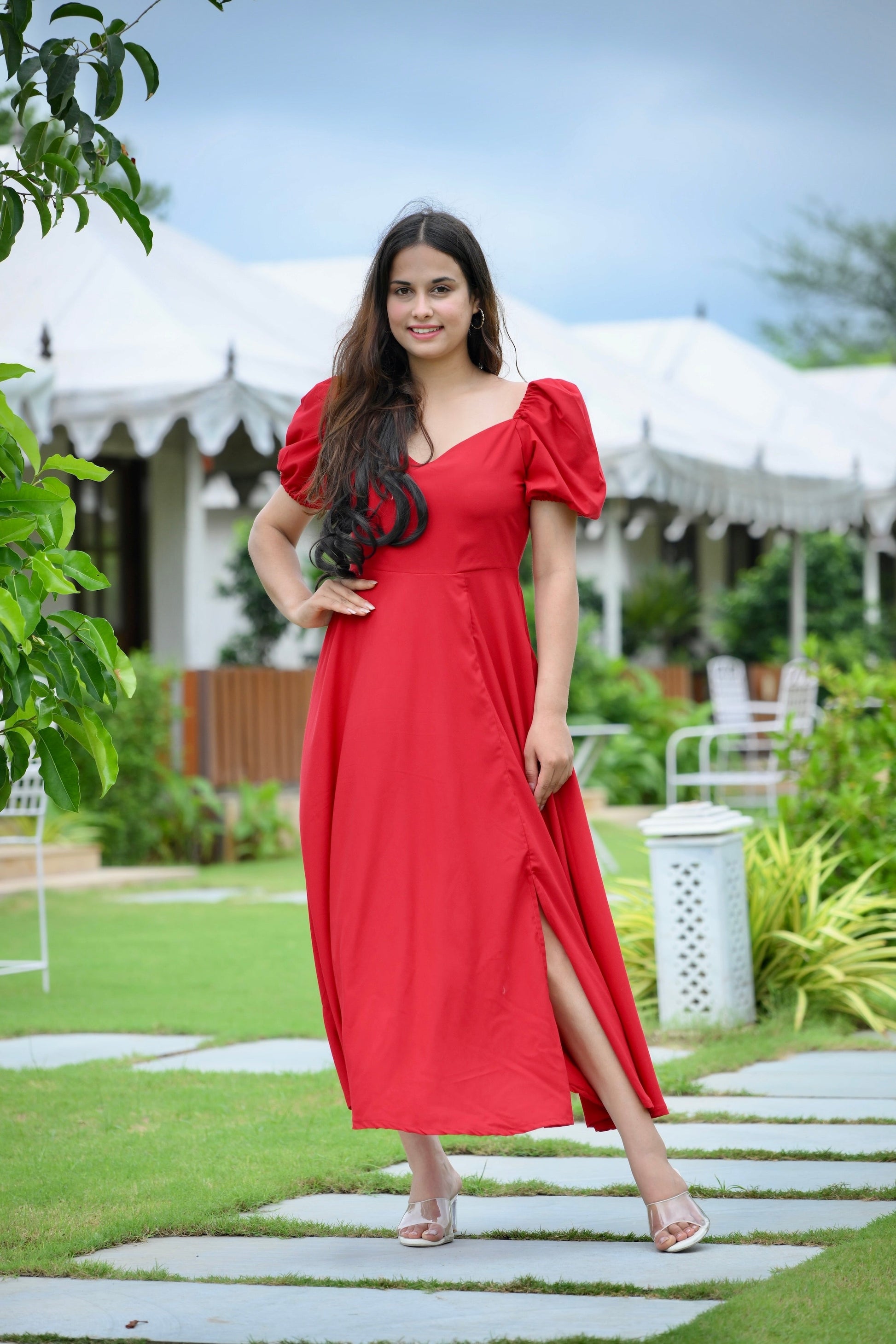 Red Slit Cotton Maxi Dress