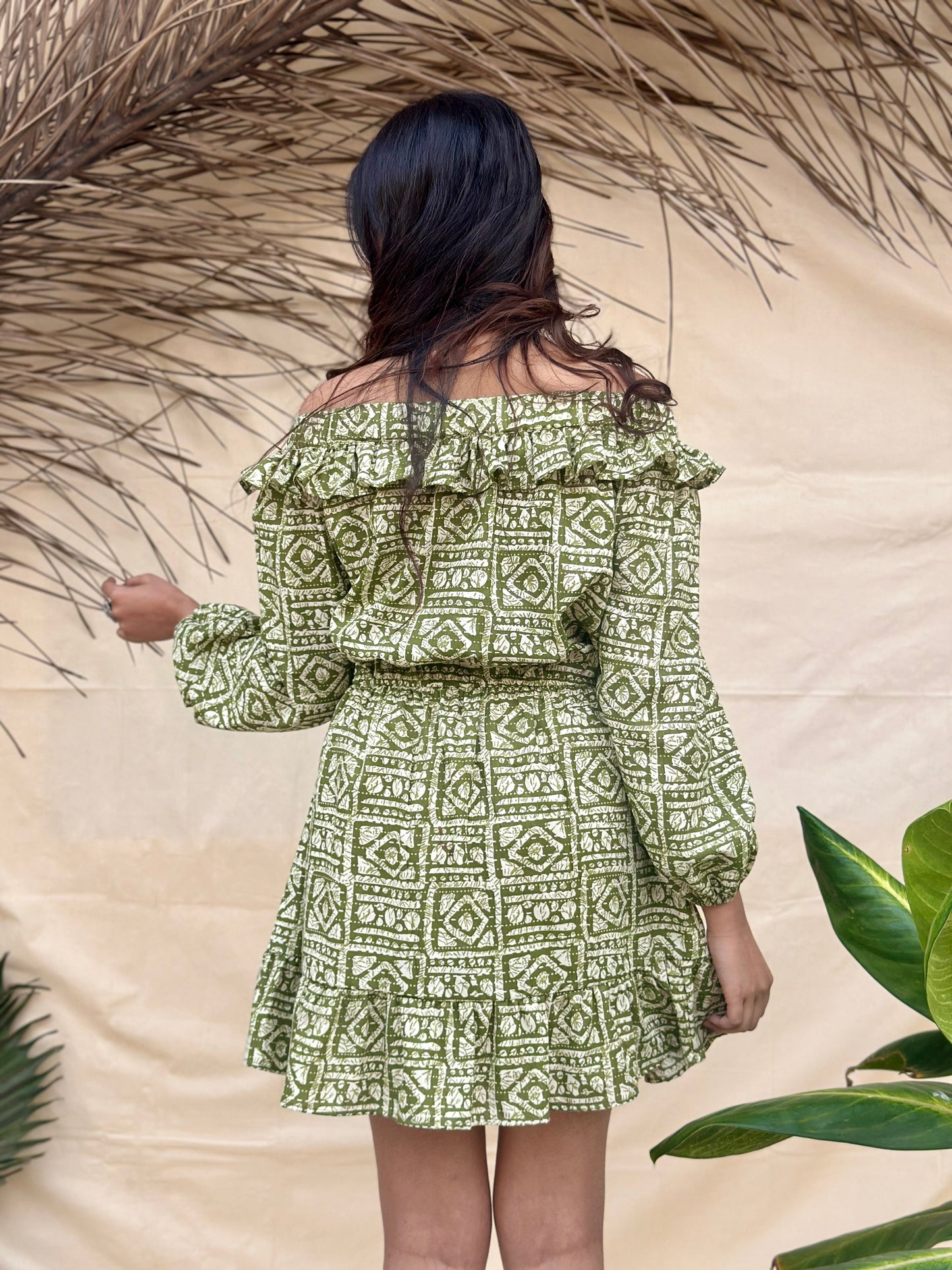 Off shoulder Green Short Cotton Dress