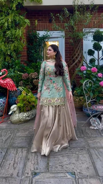Bridal Gharara with Short Shirt : Mint Green & Gold Designer Dress
