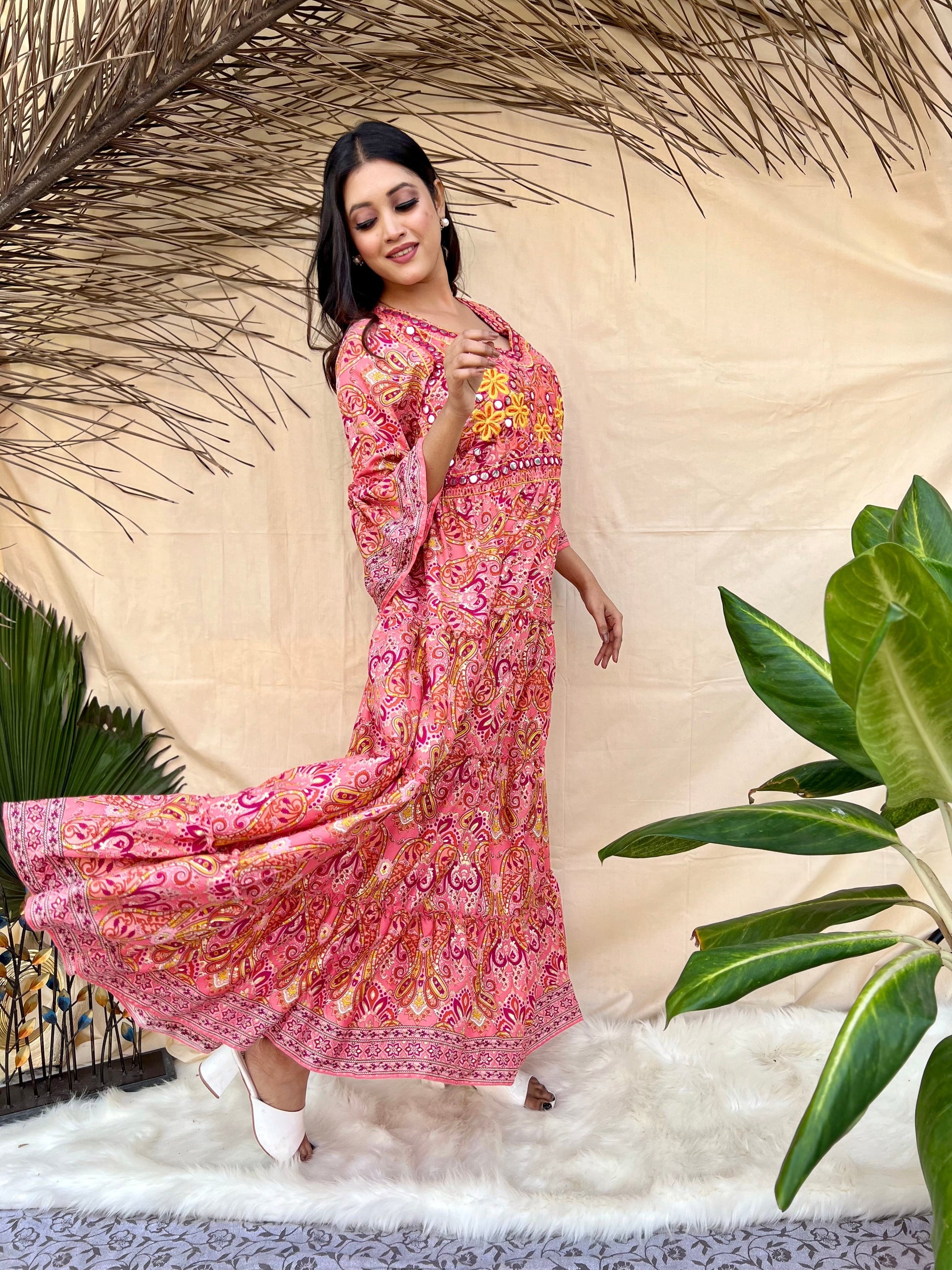 Peach Embroidered Boho Maxi Dress
