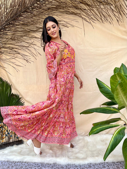Peach Embroidered Boho Maxi Dress