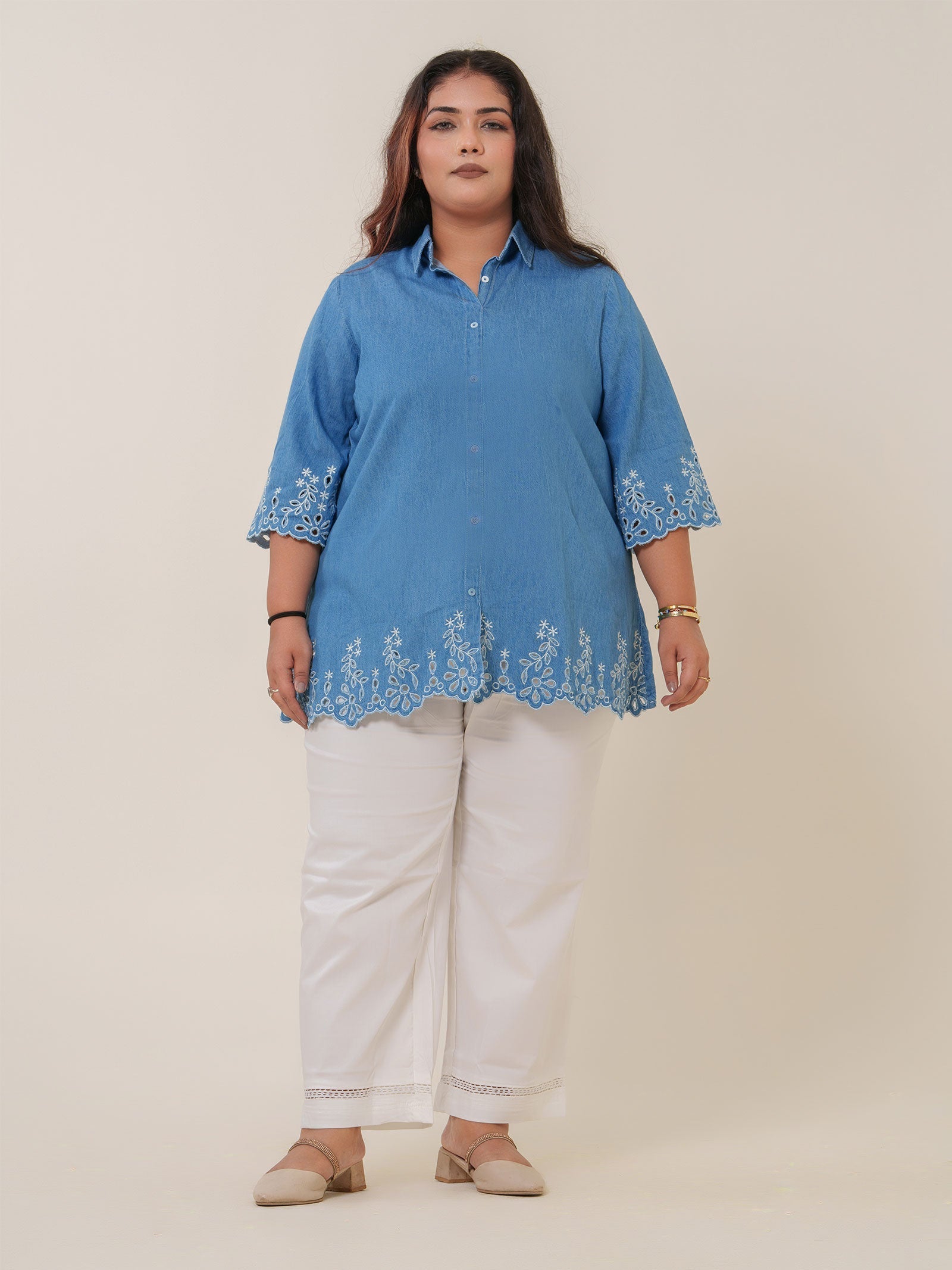 Shirt collar denim top with cutwork embroidery