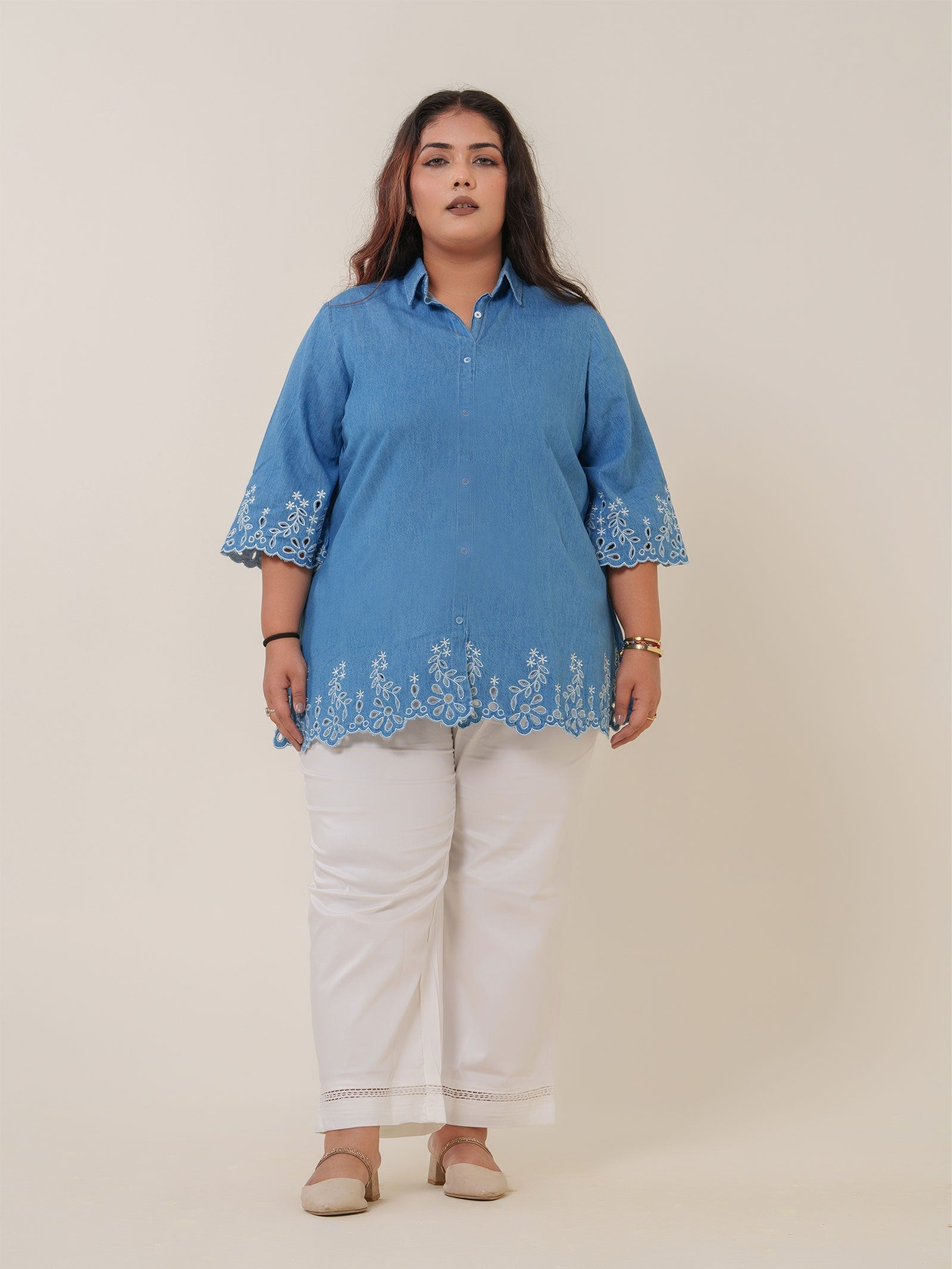 Shirt collar denim top with cutwork embroidery