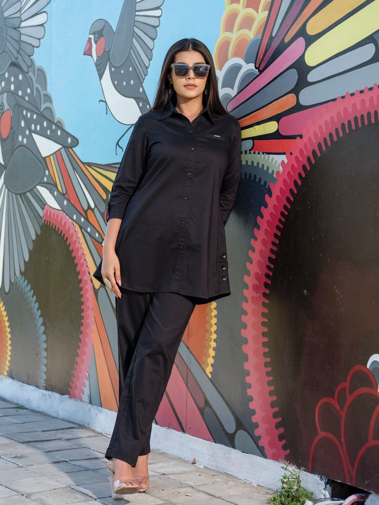 Coloured Denim shirt top with full loose pants