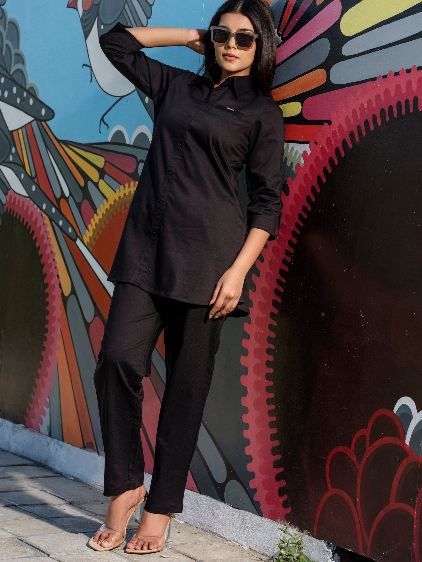 Coloured Denim shirt top with full loose pants