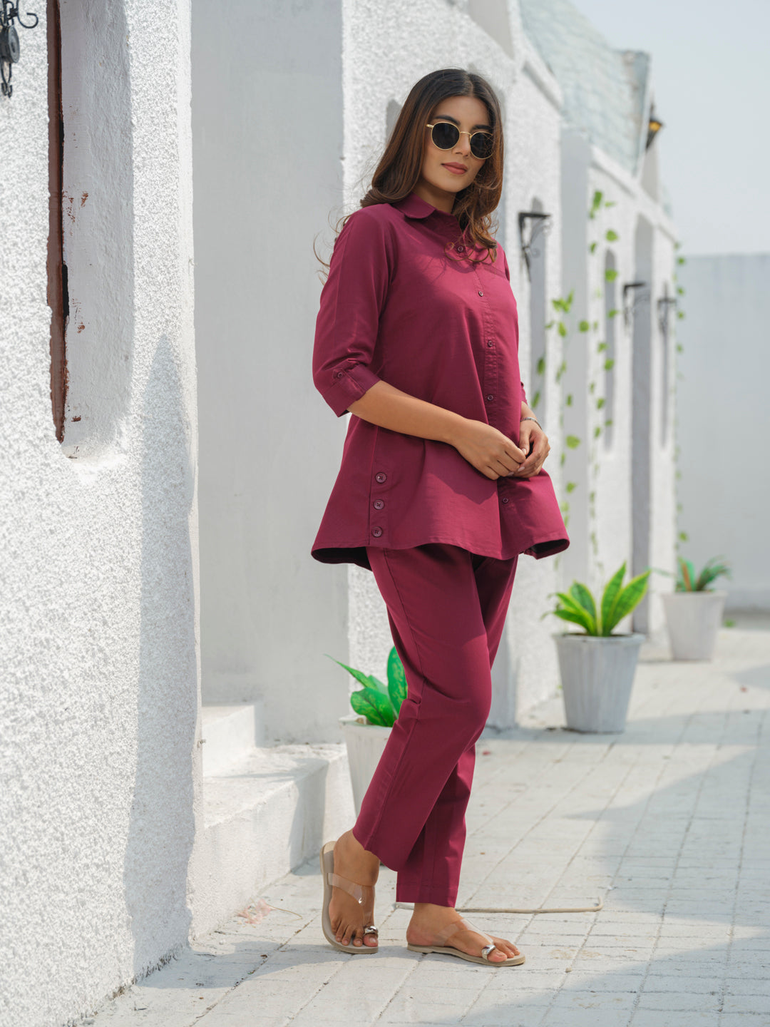 Coloured Denim shirt top with full loose pants