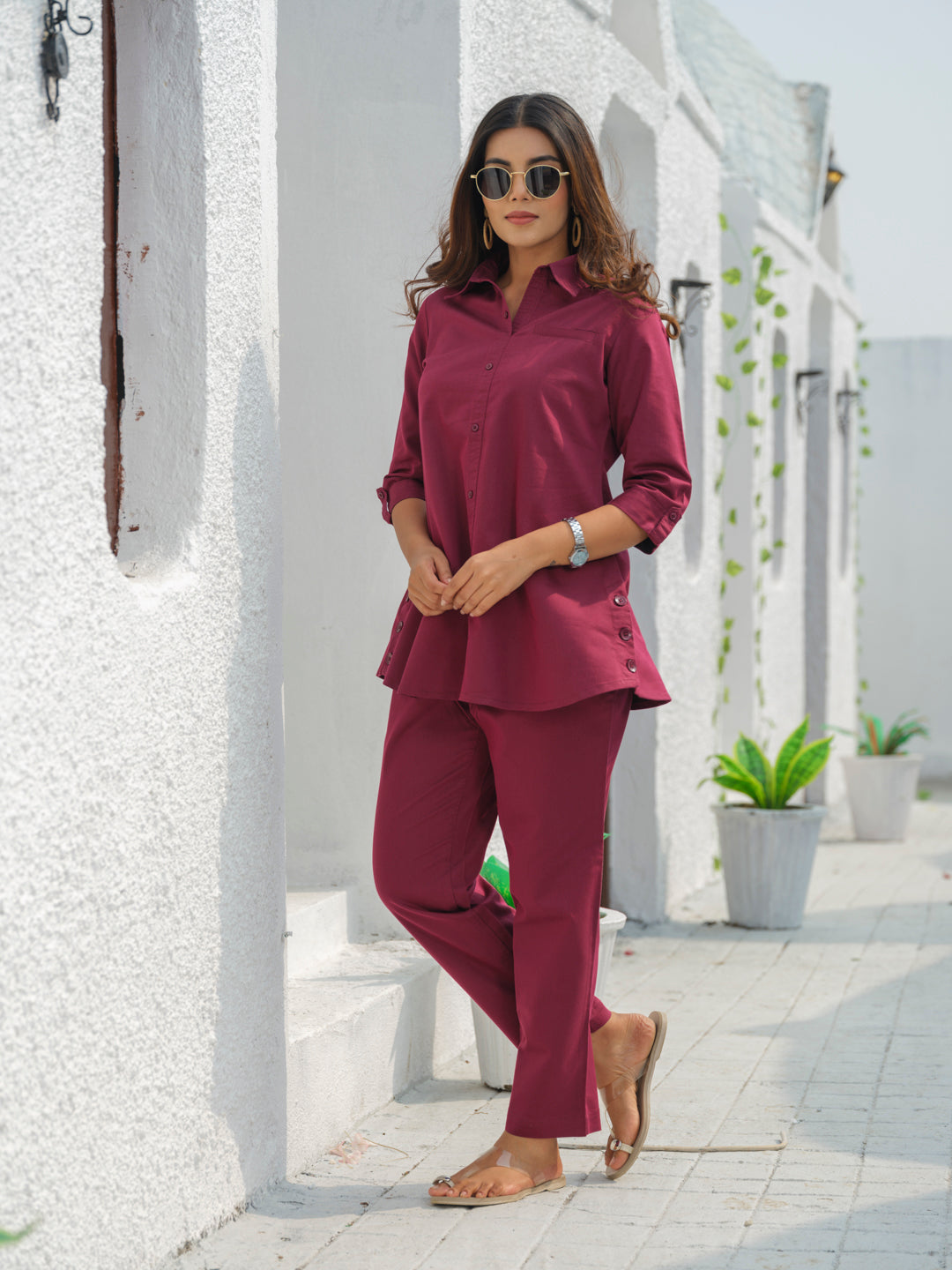 Coloured Denim shirt top with full loose pants