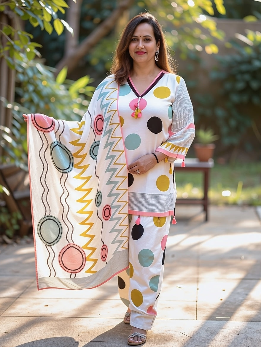 MUSLIN DIGITAL POLKA DOT PRINT FARSHI SALWAR AND FULL COTTON LINING