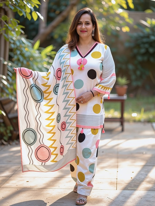 MUSLIN DIGITAL POLKA DOT PRINT FARSHI SALWAR AND FULL COTTON LINING
