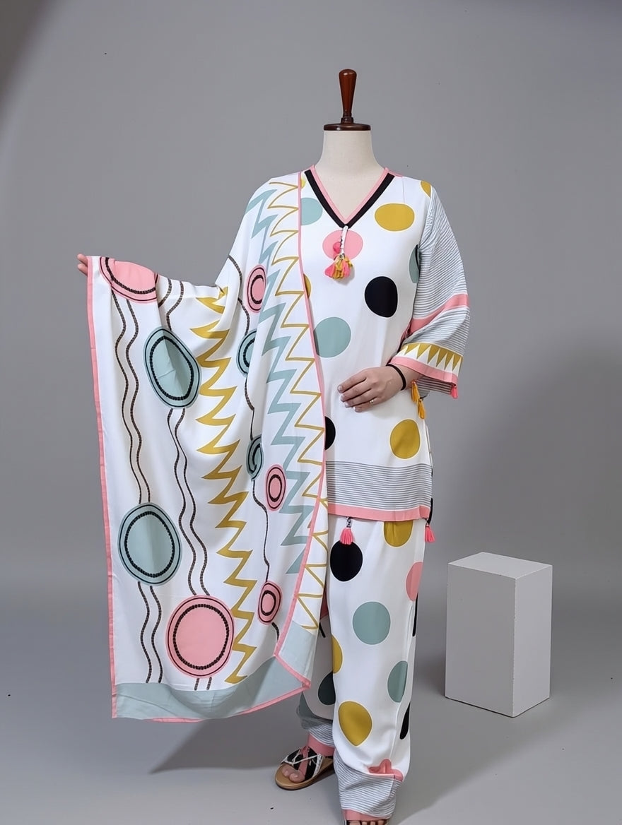 MUSLIN DIGITAL POLKA DOT PRINT FARSHI SALWAR AND FULL COTTON LINING