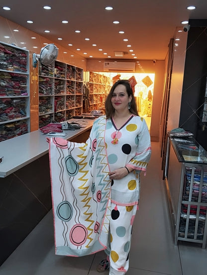 MUSLIN DIGITAL POLKA DOT PRINT FARSHI SALWAR AND FULL COTTON LINING