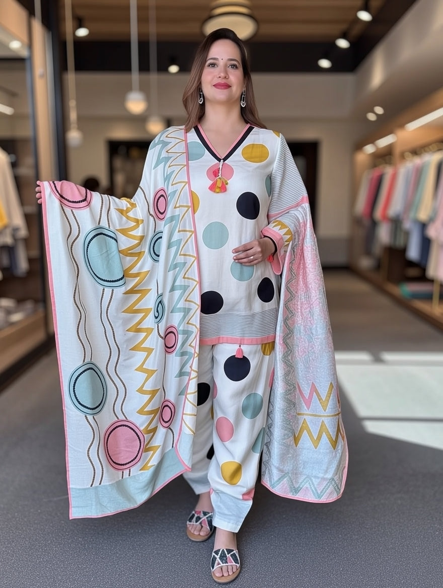 MUSLIN DIGITAL POLKA DOT PRINT FARSHI SALWAR AND FULL COTTON LINING
