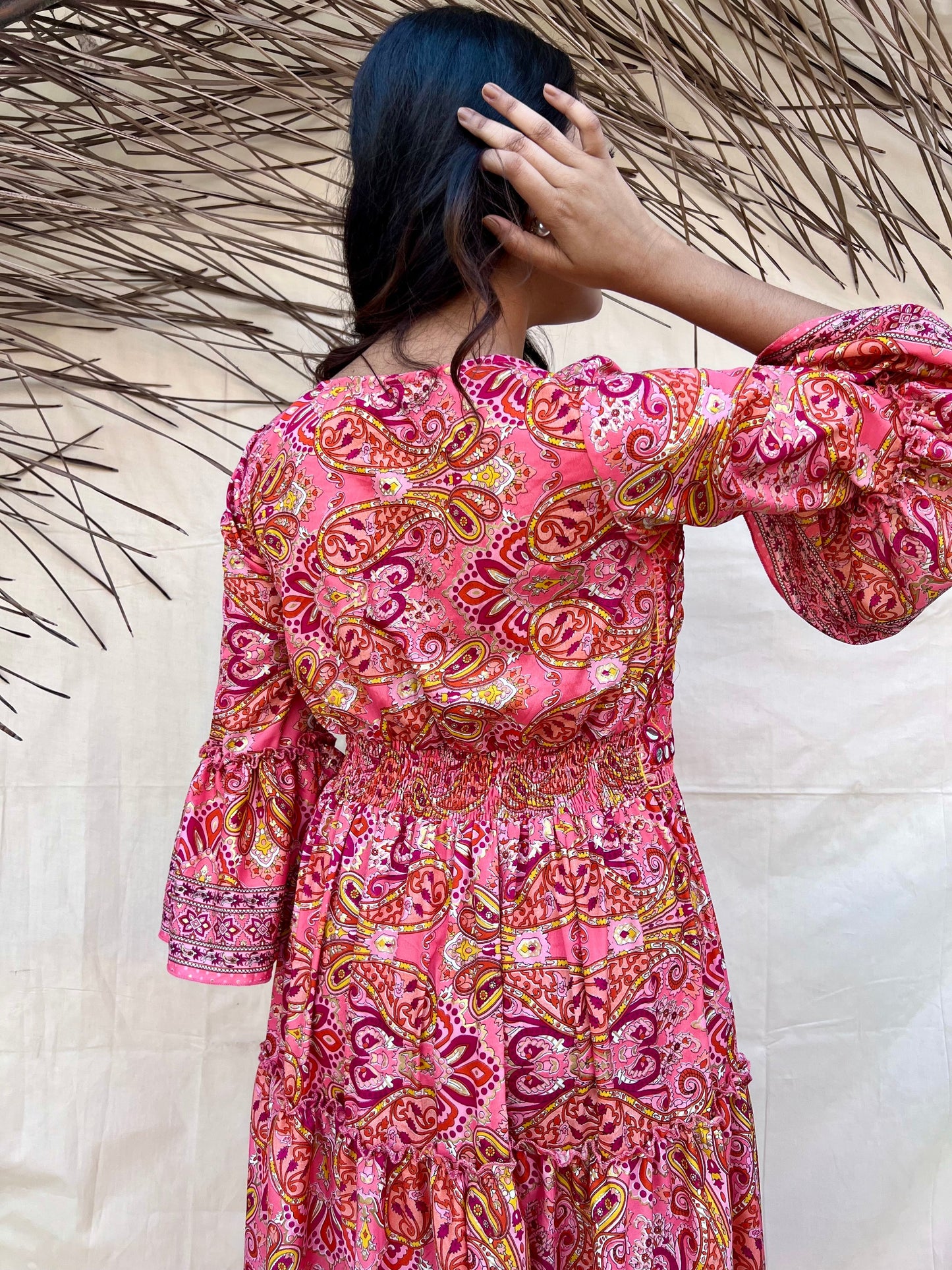 Peach Embroidered Boho Maxi Dress