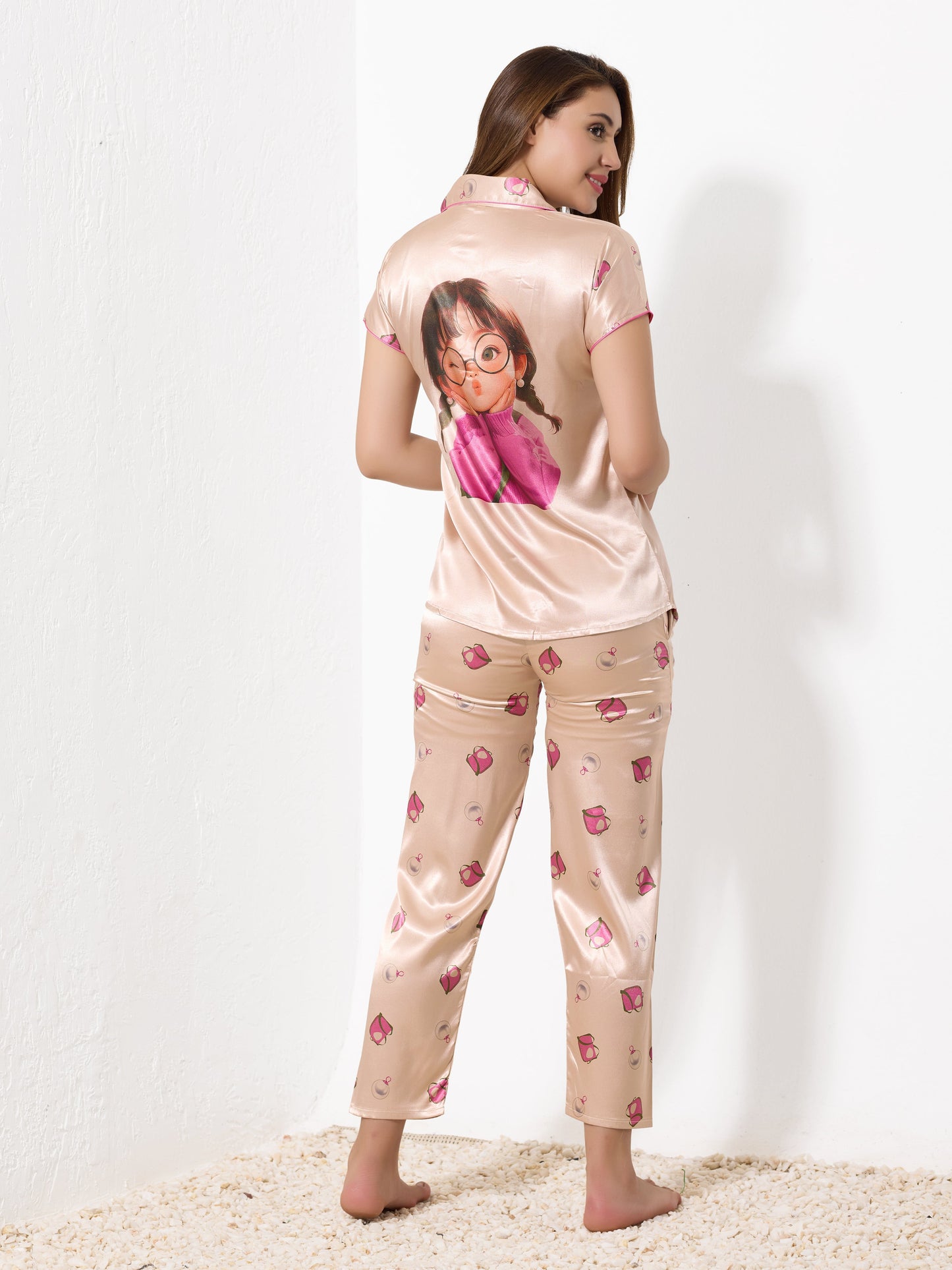 Beige Satin 3pc Nightsuit