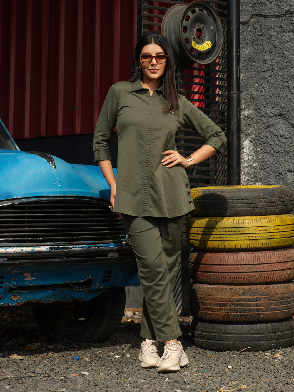 Coloured Denim shirt top with full loose pants