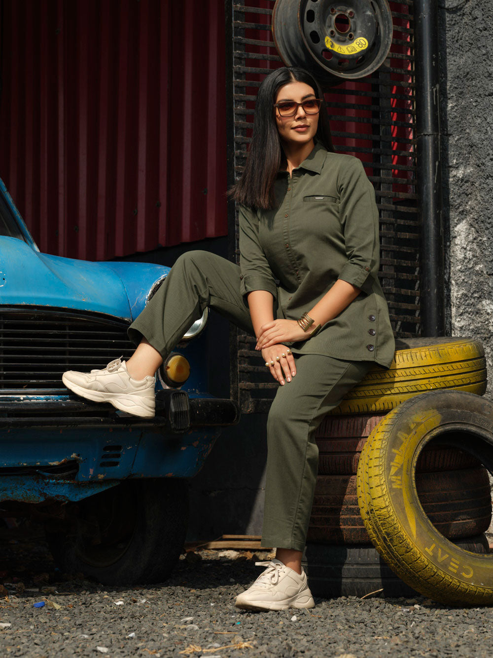 Coloured Denim shirt top with full loose pants