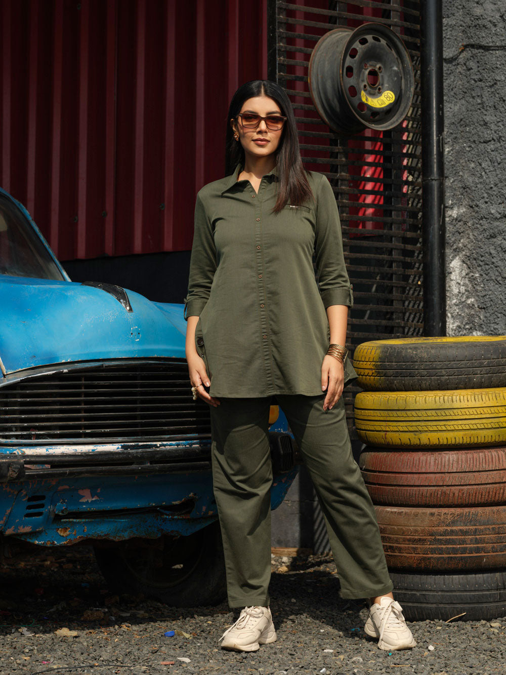 Coloured Denim shirt top with full loose pants