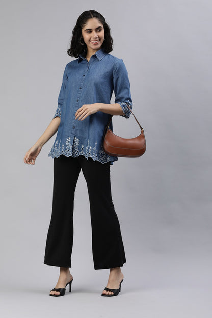 Shirt collar denim top with cutwork embroidery