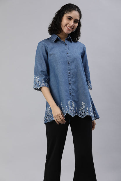 Shirt collar denim top with cutwork embroidery