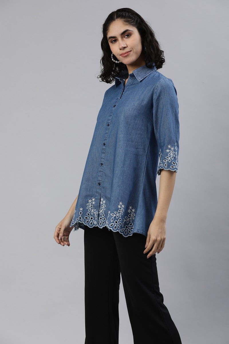 Shirt collar denim top with cutwork embroidery