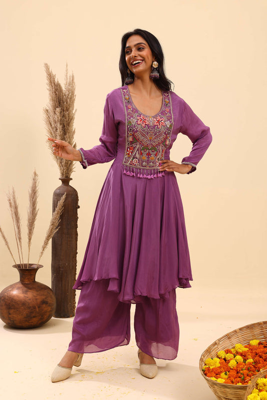 Lavender Embroidered Kurta Palazzo Set