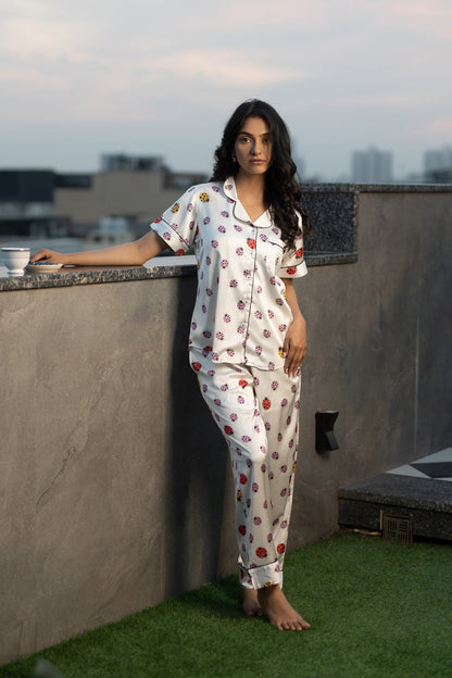 Lady Bug Printed Satin Short Night Suit Set (Top, shorts & Pj)
