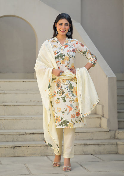 Cream Floral Printed Straight Cotton Kurta Set
