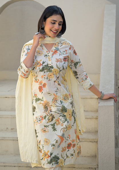 Cream Floral Printed Straight Cotton Kurta Set