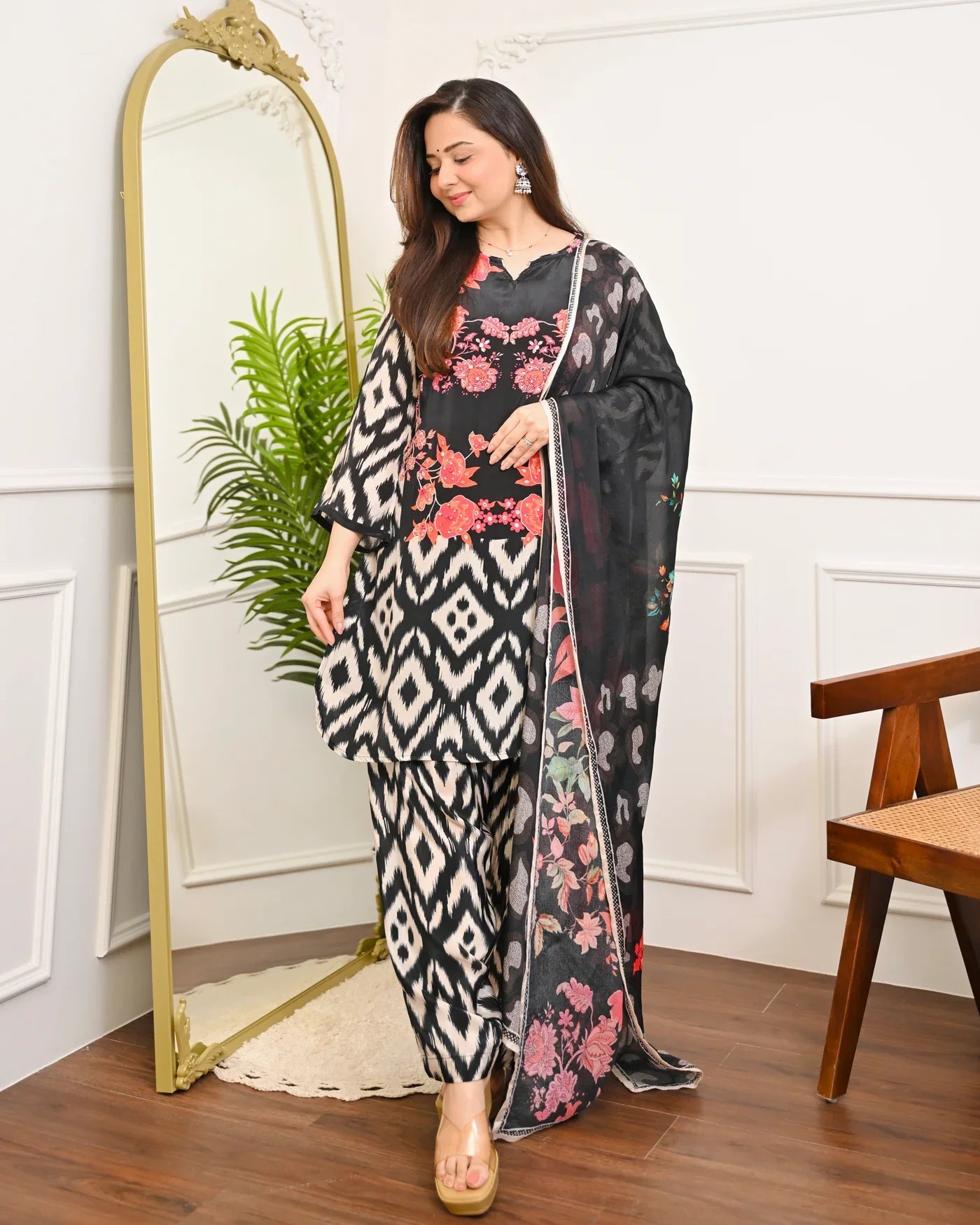 Black Ikat Bloom Digital Printed Premium cotton Suit Set