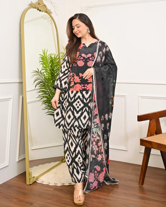 Black Ikat Bloom Digital Printed Premium cotton Suit Set