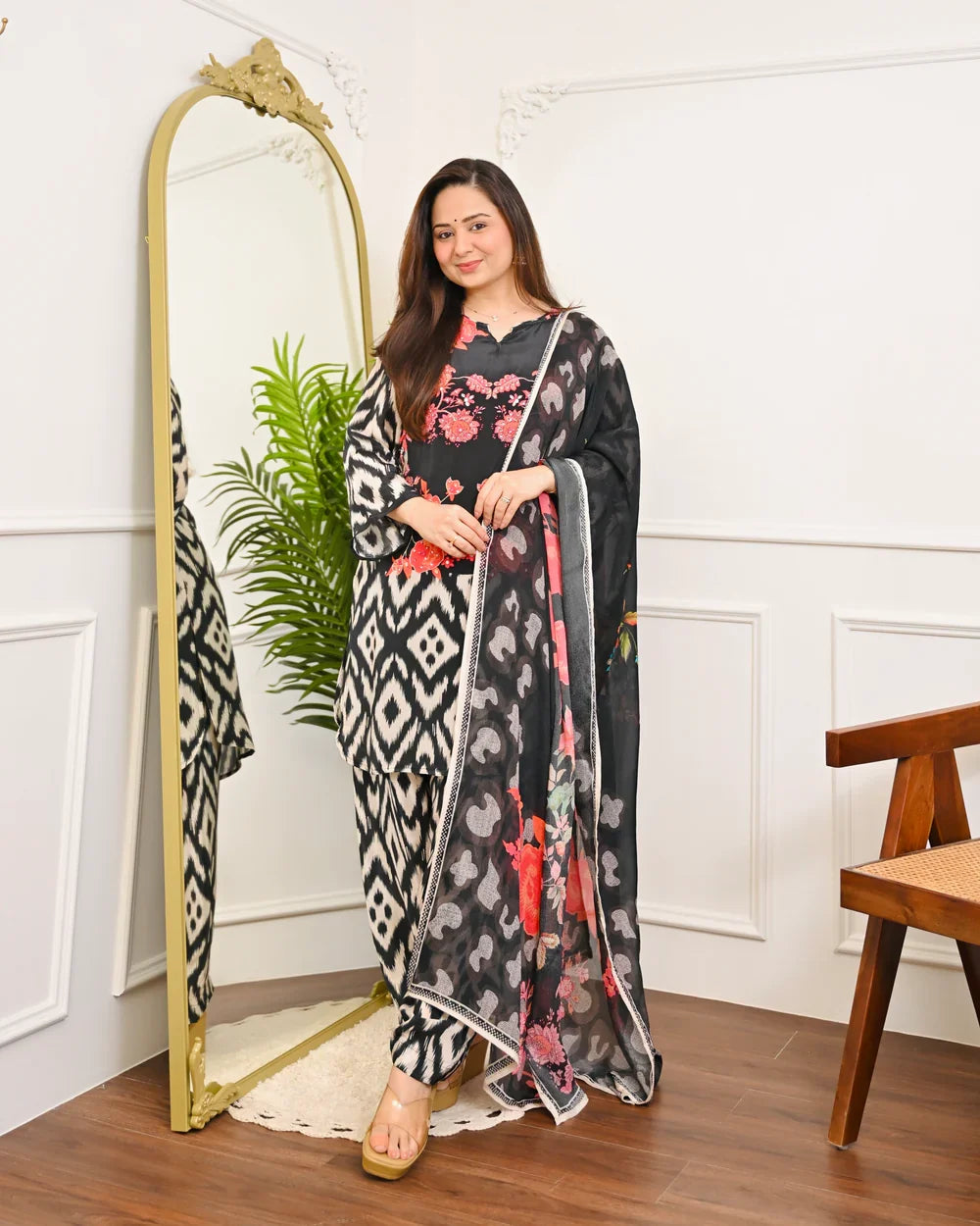 Black Ikat Bloom Digital Printed Premium cotton Suit Set
