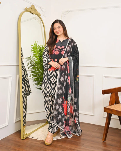 Black Ikat Bloom Digital Printed Premium cotton Suit Set