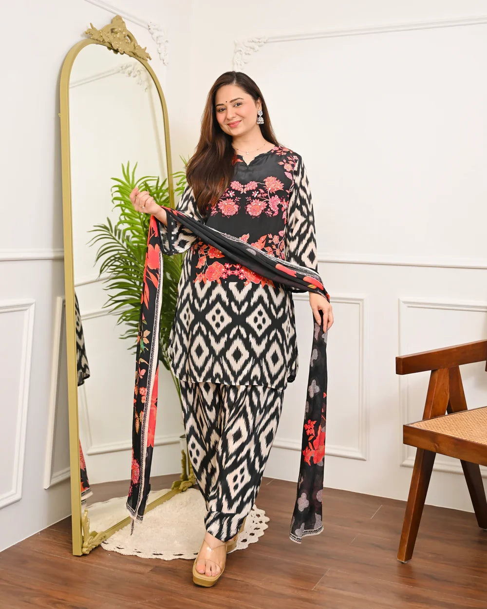 Black Ikat Bloom Digital Printed Premium cotton Suit Set