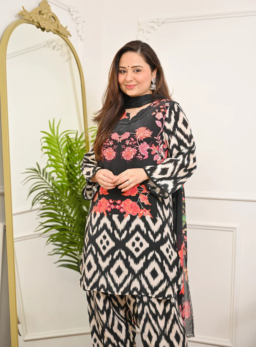 Black Ikat Bloom Digital Printed Premium cotton Suit Set