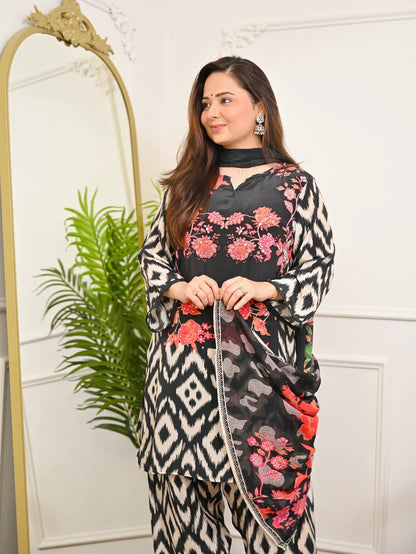 Black Ikat Bloom Digital Printed Premium cotton Suit Set
