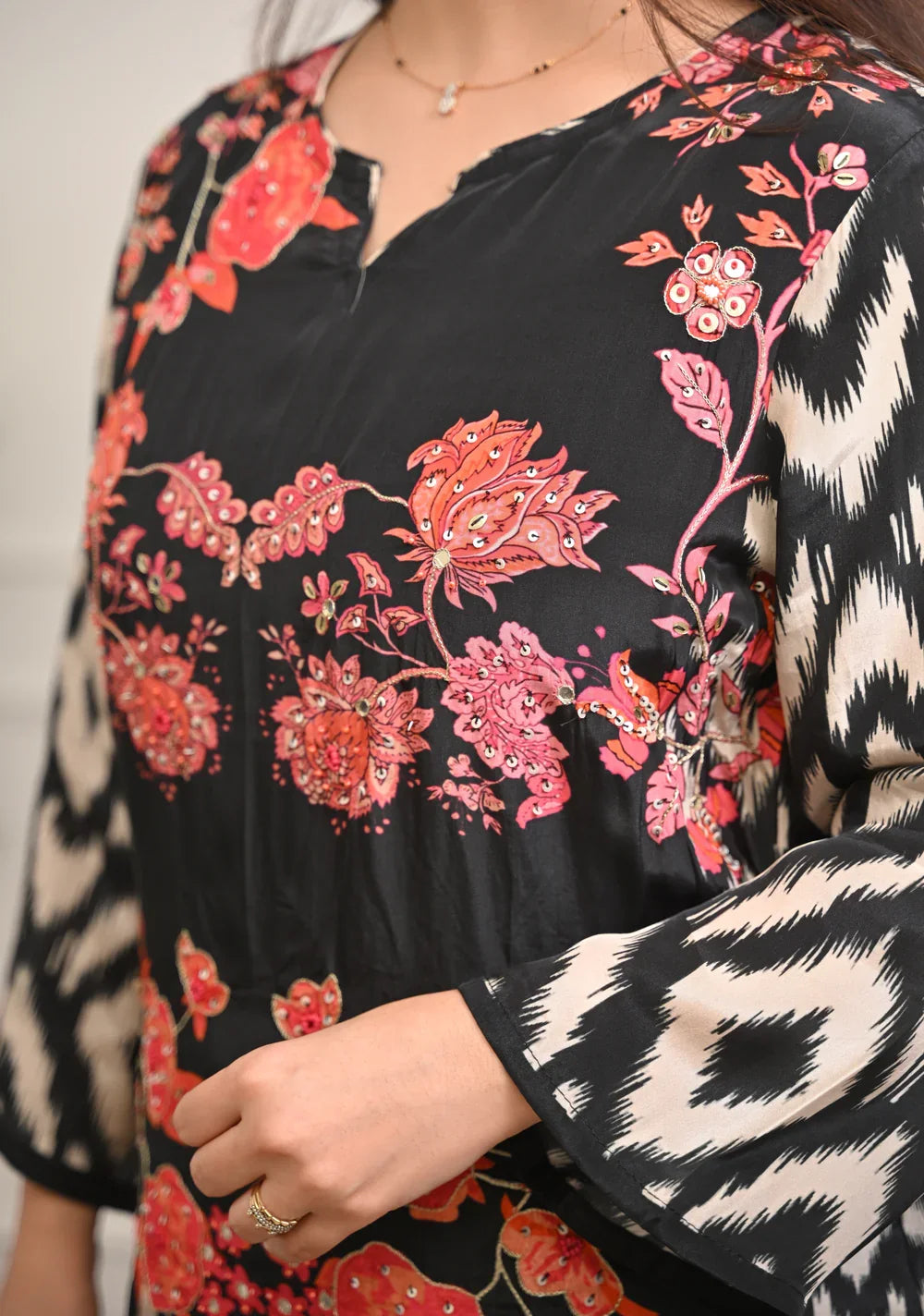 Black Ikat Bloom Digital Printed Premium cotton Suit Set