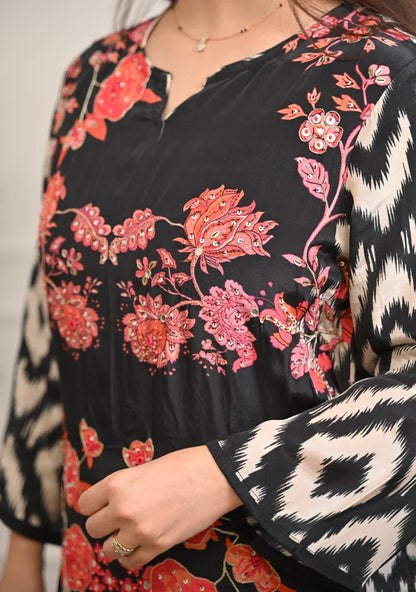 Black Ikat Bloom Digital Printed Premium cotton Suit Set