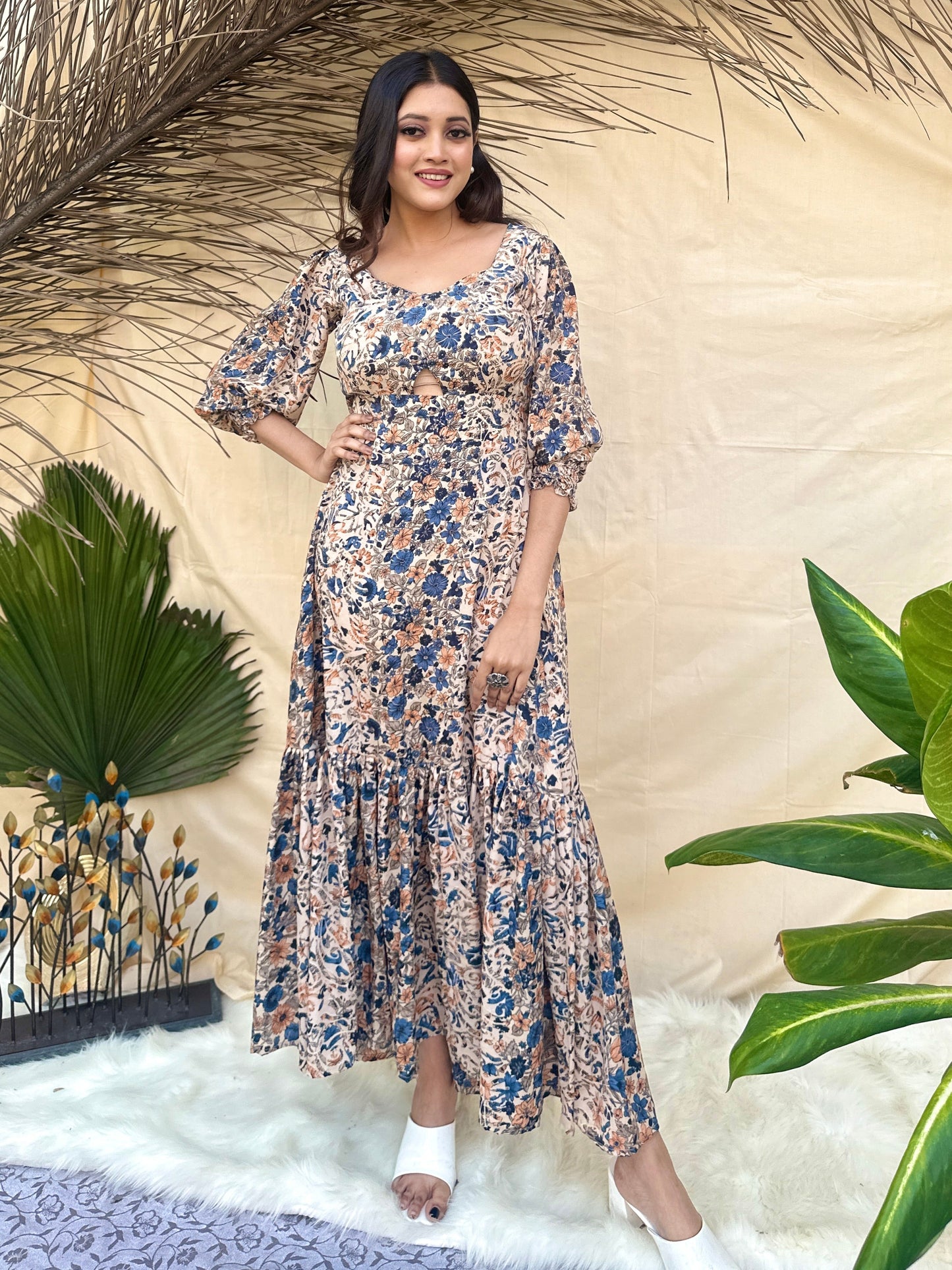 Beige Floral Printed Backless Midi Dress