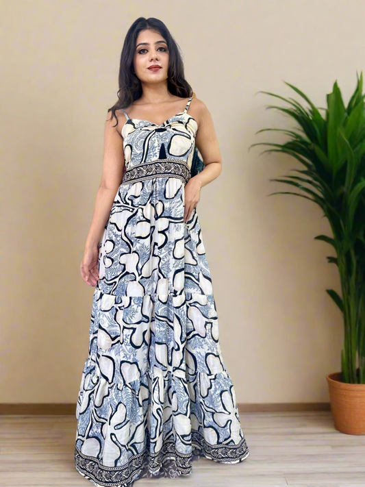 White Floral Printed Boho Maxi Dress