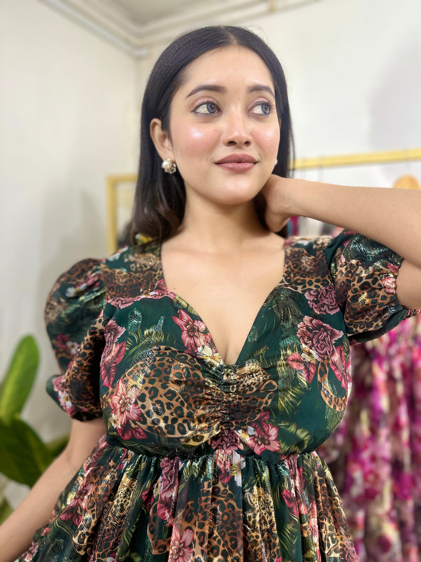 Green Tiger Printed Jacquard Fabric Short Dress